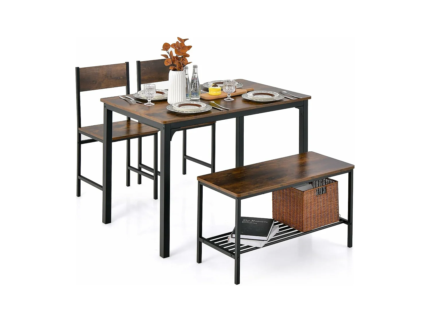 Ensemble table et 2 chaise 1 banc, cadre en métal,avec 2 chaises industrielle 110 x 70 cm