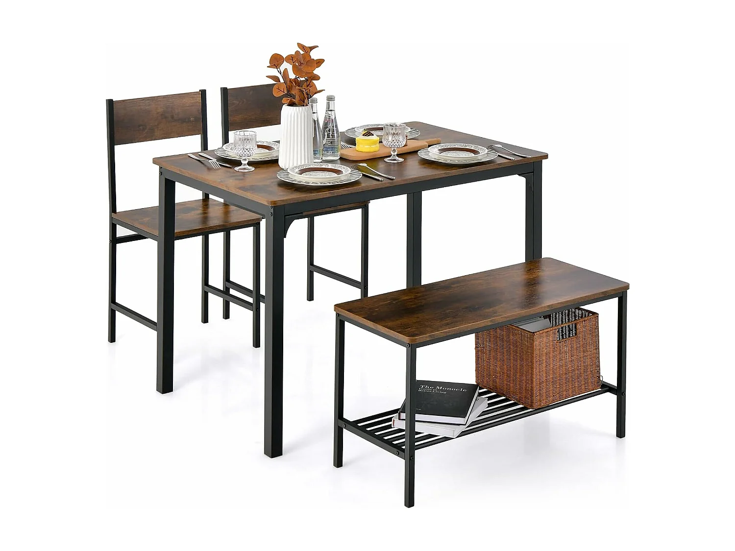 Ensemble table et 2 chaise 1 banc, cadre en métal,avec 2 chaises industrielle 110 x 70 cm