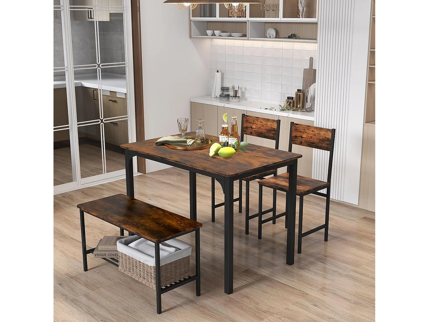 Ensemble table et 2 chaise 1 banc, cadre en métal,avec 2 chaises industrielle 110 x 70 cm