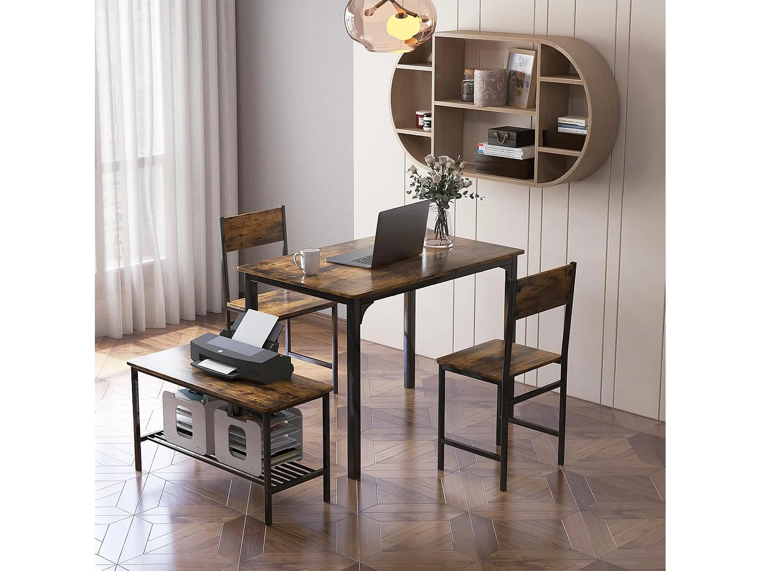 Ensemble table et 2 chaise 1 banc, cadre en métal,avec 2 chaises industrielle 110 x 70 cm