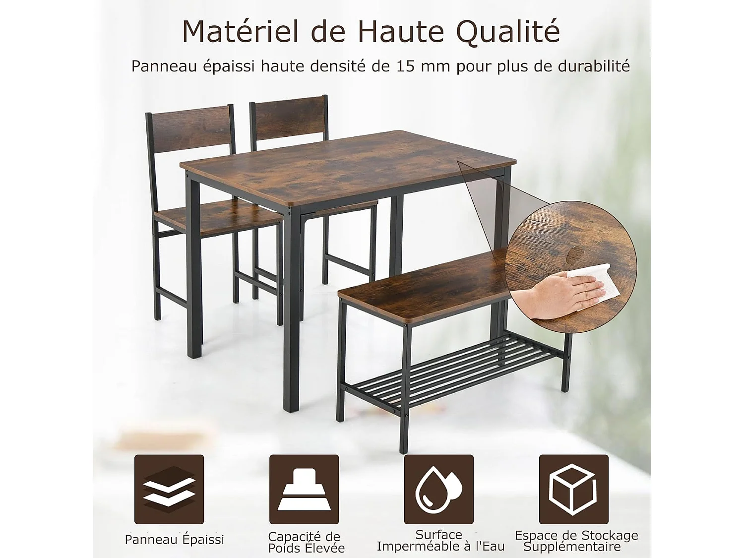 Ensemble table et 2 chaise 1 banc, cadre en métal,avec 2 chaises industrielle 110 x 70 cm