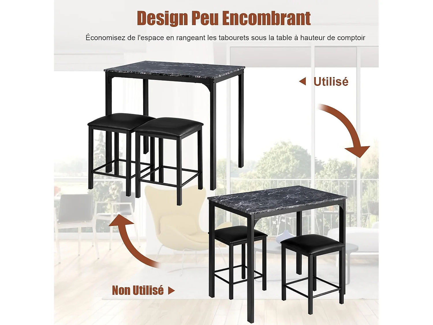 Table haute cuisine avec 2 tabourets, cadre en métal, table en faux marbre,(noir)