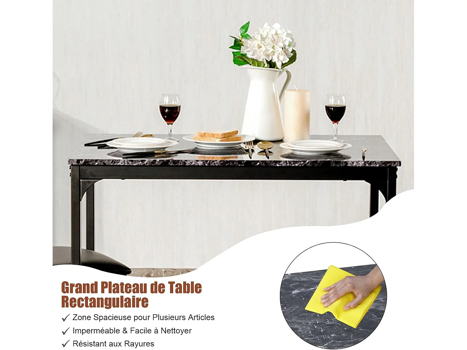 Table haute cuisine avec 2 tabourets, cadre en métal, table en faux marbre,(noir)