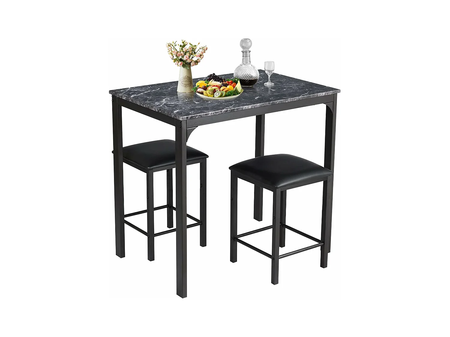 Table haute cuisine avec 2 tabourets, cadre en métal, table en faux marbre,(noir)