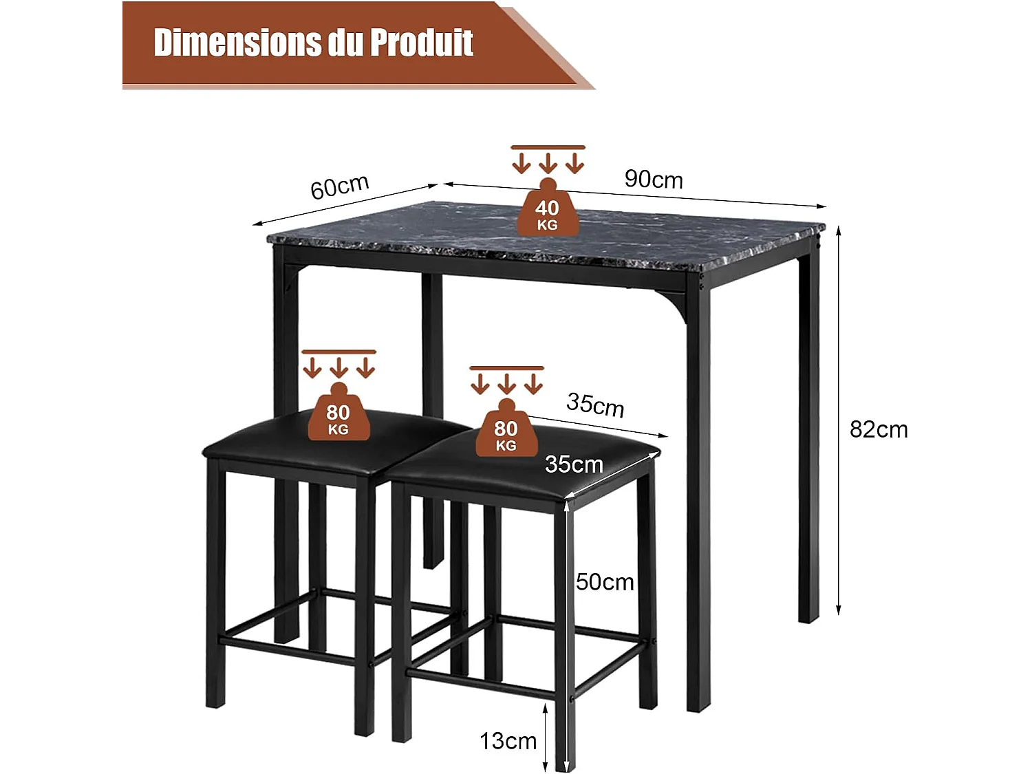 Table haute cuisine avec 2 tabourets, cadre en métal, table en faux marbre,(noir)