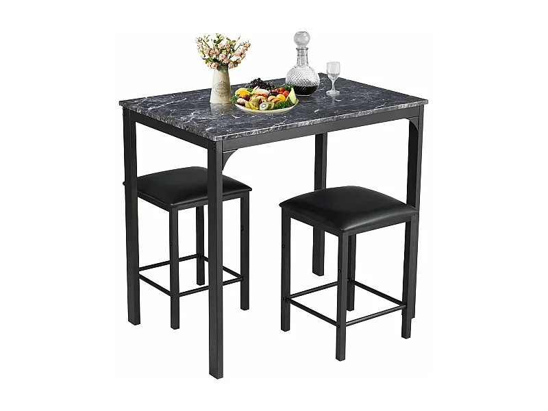 Table haute cuisine avec 2 tabourets, cadre en métal, table en faux marbre,(noir)