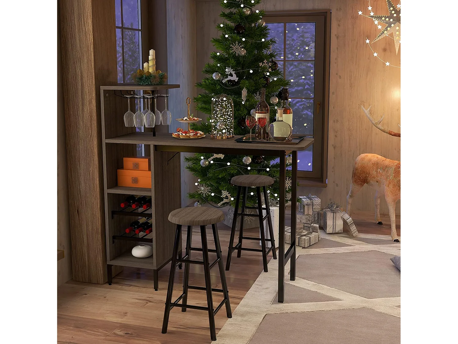 Table Haute avec Tabouret, avec Porte-Verre Porte-Bouteilles, Table de Bar avec Tabouret 2 Personnes Compact, Brun Rustique