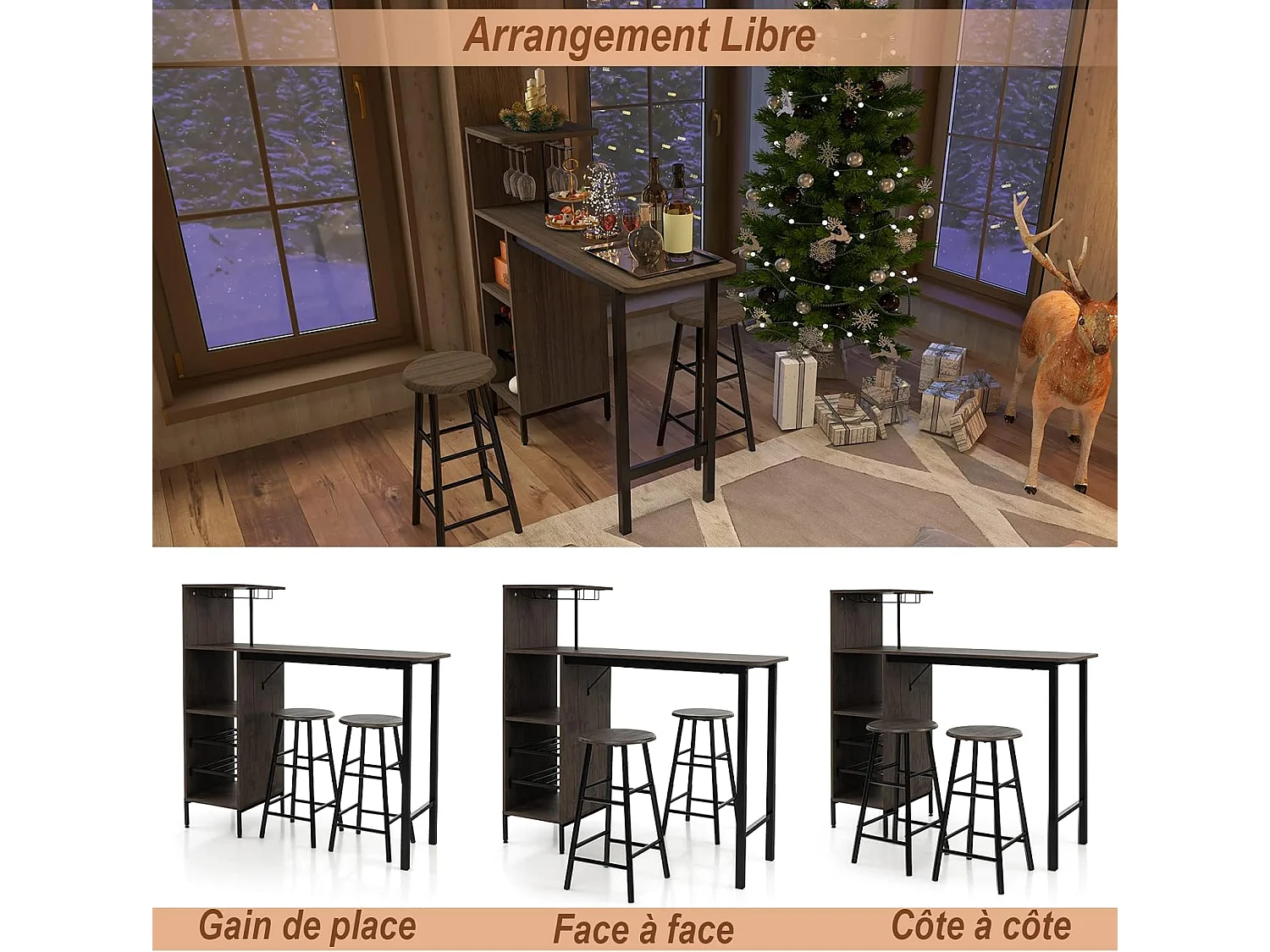 Table Haute avec Tabouret, avec Porte-Verre Porte-Bouteilles, Table de Bar avec Tabouret 2 Personnes Compact, Brun Rustique