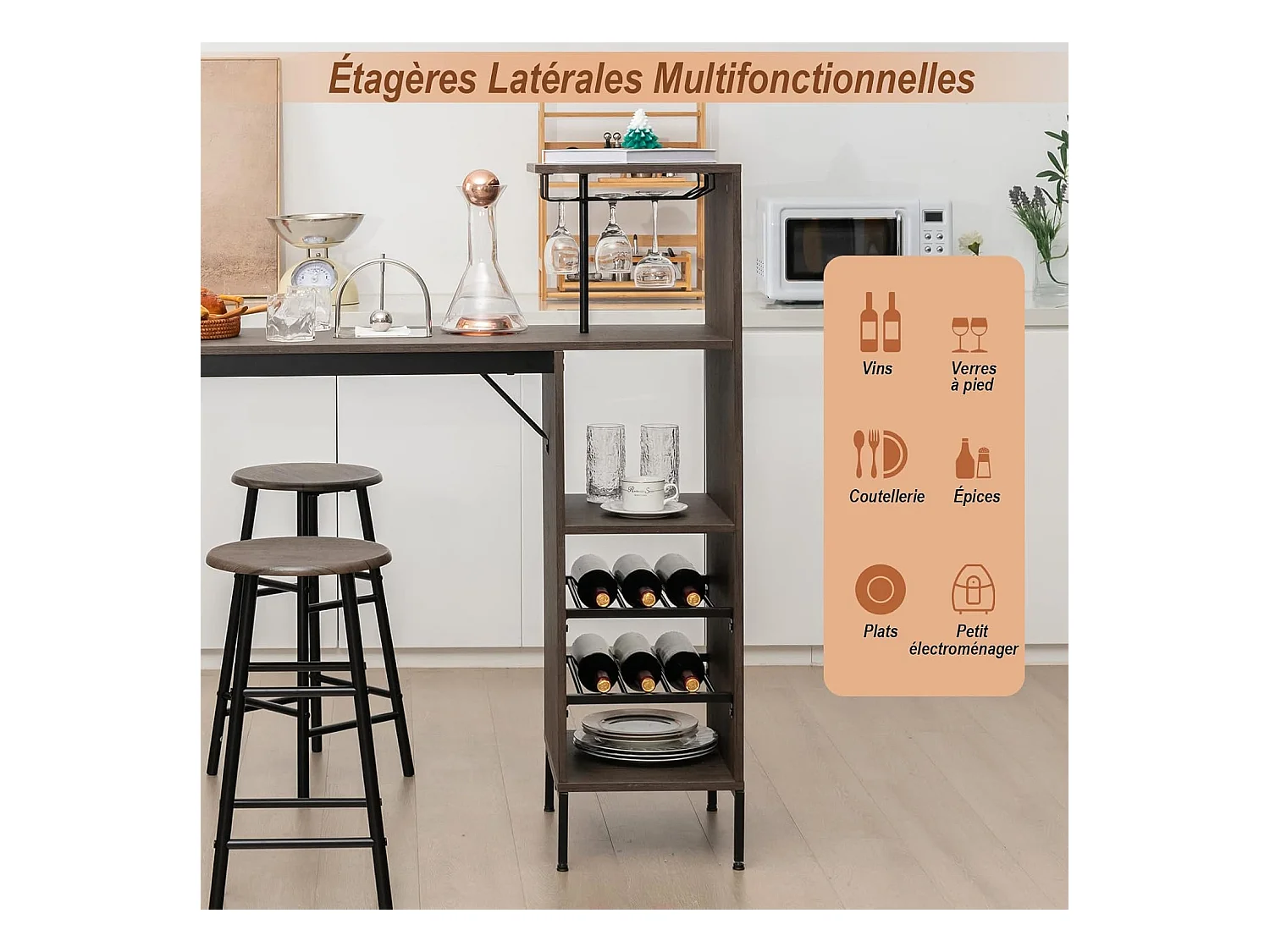 Table Haute avec Tabouret, avec Porte-Verre Porte-Bouteilles, Table de Bar avec Tabouret 2 Personnes Compact, Brun Rustique