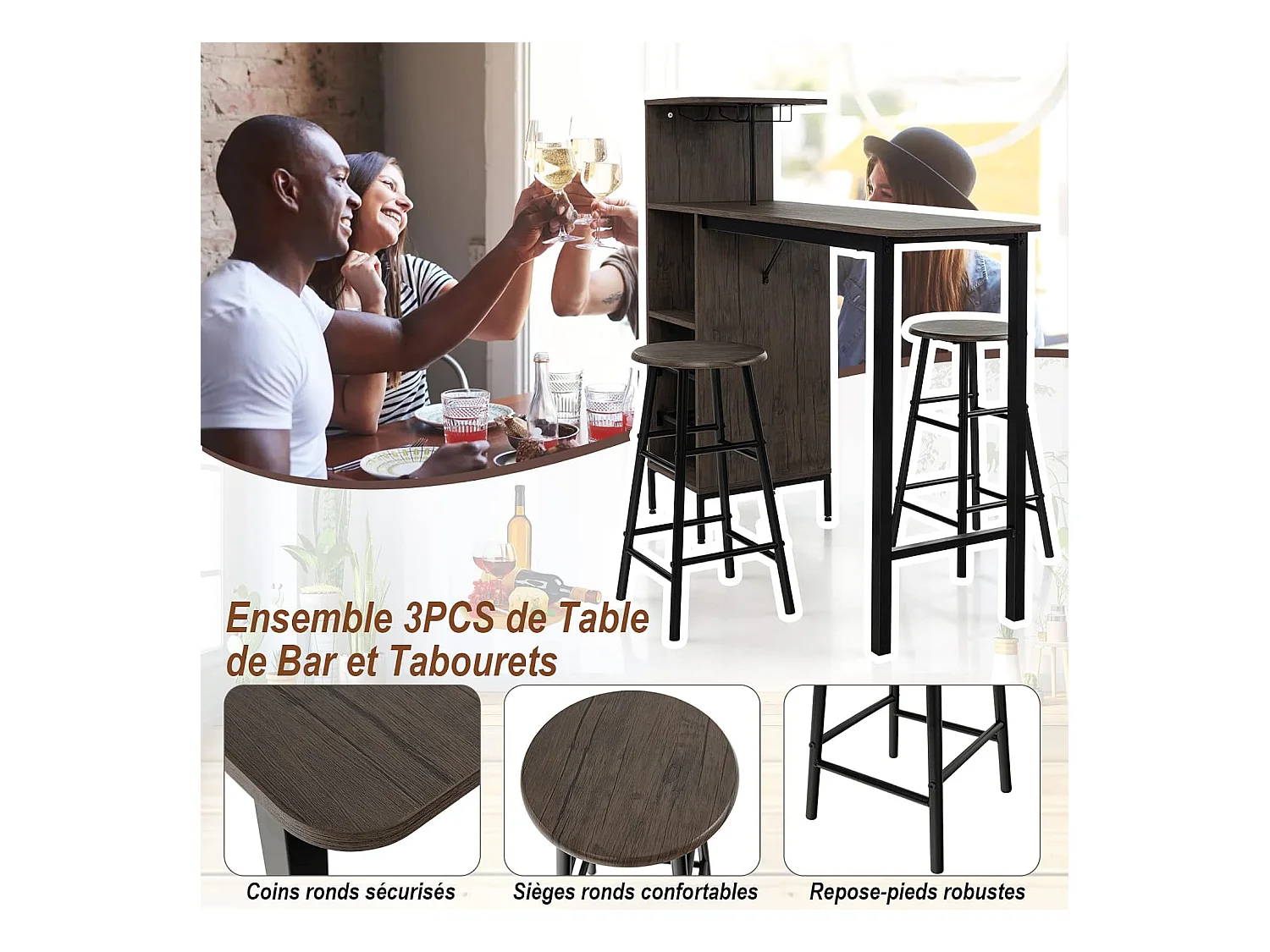 Table Haute avec Tabouret, avec Porte-Verre Porte-Bouteilles, Table de Bar avec Tabouret 2 Personnes Compact, Brun Rustique
