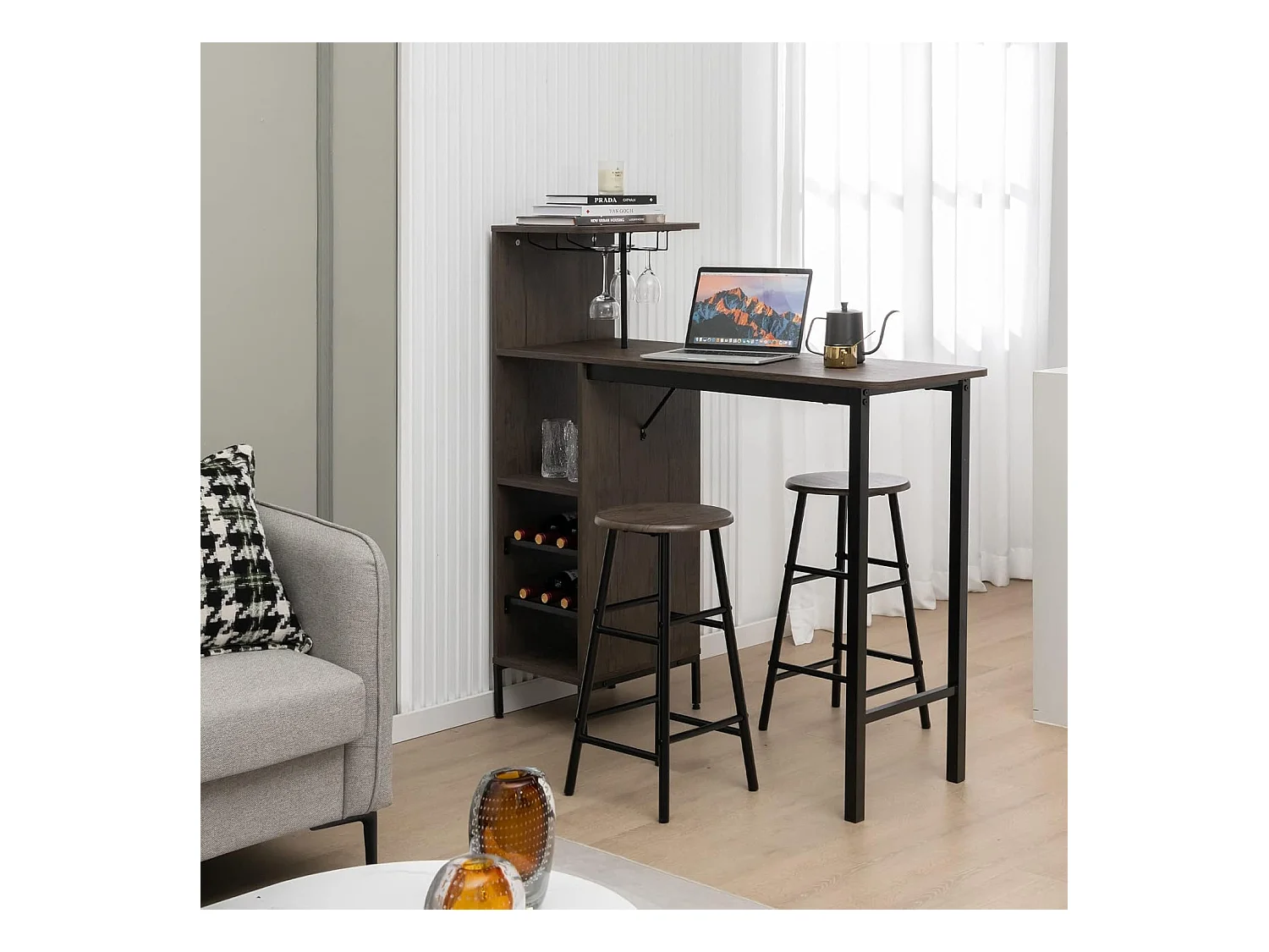 Table Haute avec Tabouret, avec Porte-Verre Porte-Bouteilles, Table de Bar avec Tabouret 2 Personnes Compact, Brun Rustique