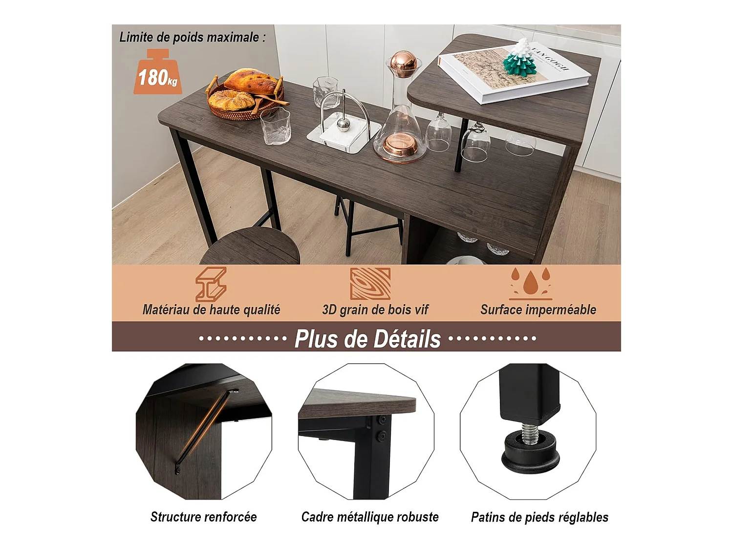 Hoge tafel met kruk, industriële statafel met kruk met glazenhouder, flessenhouder, compacte 2-persoons bartafel met kruk voor keuken, eetkamer, woonkamer, bistro