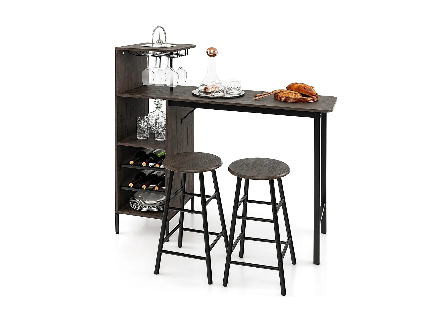 Table Haute avec Tabouret, avec Porte-Verre Porte-Bouteilles, Table de Bar avec Tabouret 2 Personnes Compact, Brun Rustique