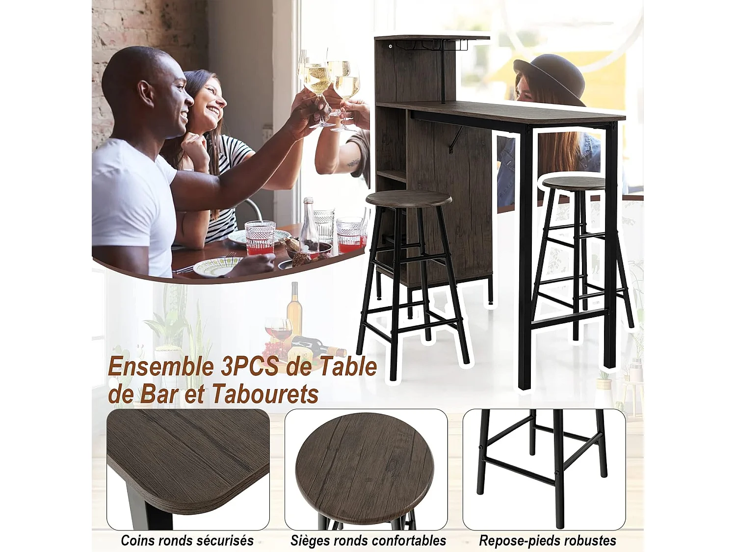 Table Haute avec Tabouret, avec Porte-Verre Porte-Bouteilles, Table de Bar avec Tabouret 2 Personnes Compact, Brun Rustique