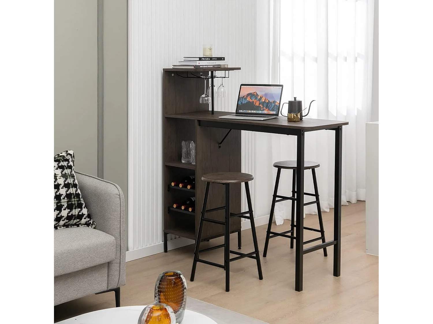 Table Haute avec Tabouret, avec Porte-Verre Porte-Bouteilles, Table de Bar avec Tabouret 2 Personnes Compact, Brun Rustique
