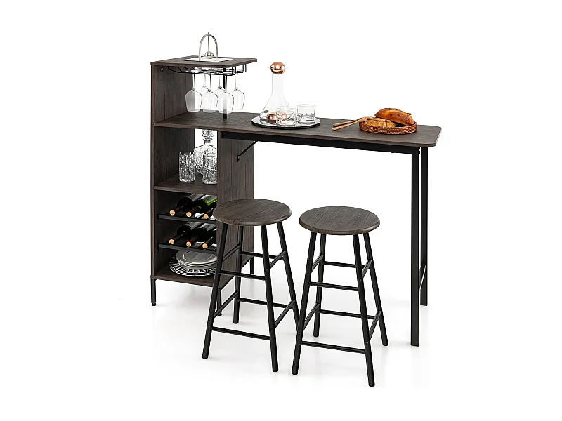 Hoge tafel met kruk, industriële statafel met kruk met glazenhouder, flessenhouder, compacte 2-persoons bartafel met kruk voor keuken, eetkamer, woonkamer, bistro