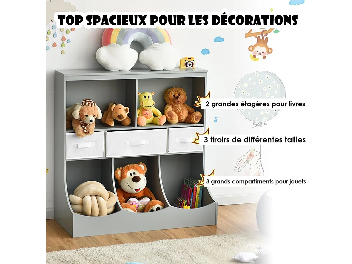 Bibliothèque enfants à 3 niveaux avec 3 tiroirs et 5 compartiments ouverts 93x40x94 cm