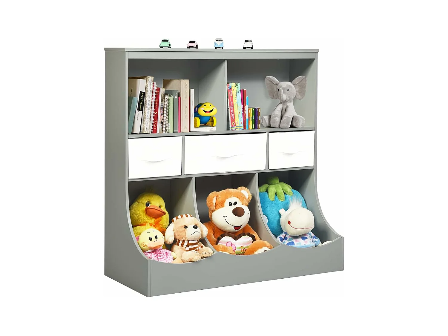 Bibliothèque enfants à 3 niveaux avec 3 tiroirs et 5 compartiments ouverts 93x40x94 cm