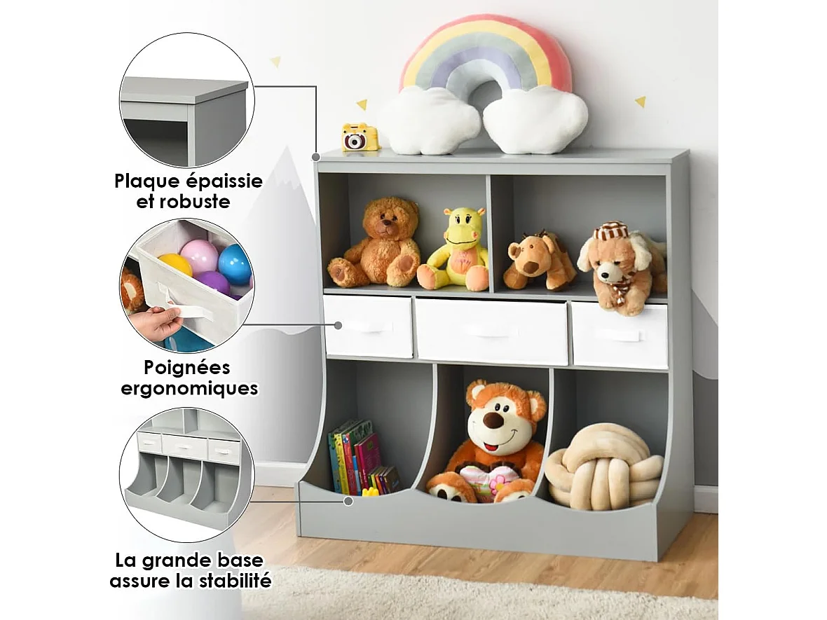 Bibliothèque enfants à 3 niveaux avec 3 tiroirs et 5 compartiments ouverts 93x40x94 cm