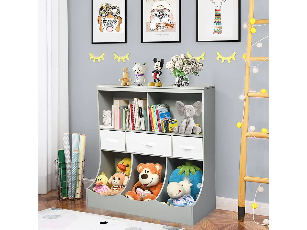 Bibliothèque enfants à 3 niveaux avec 3 tiroirs et 5 compartiments ouverts 93x40x94 cm