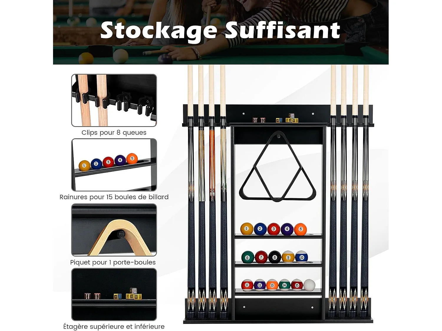 Porte-queues de billard mural, support et rainures à 3 niveaux 15 porte-balles (noir)