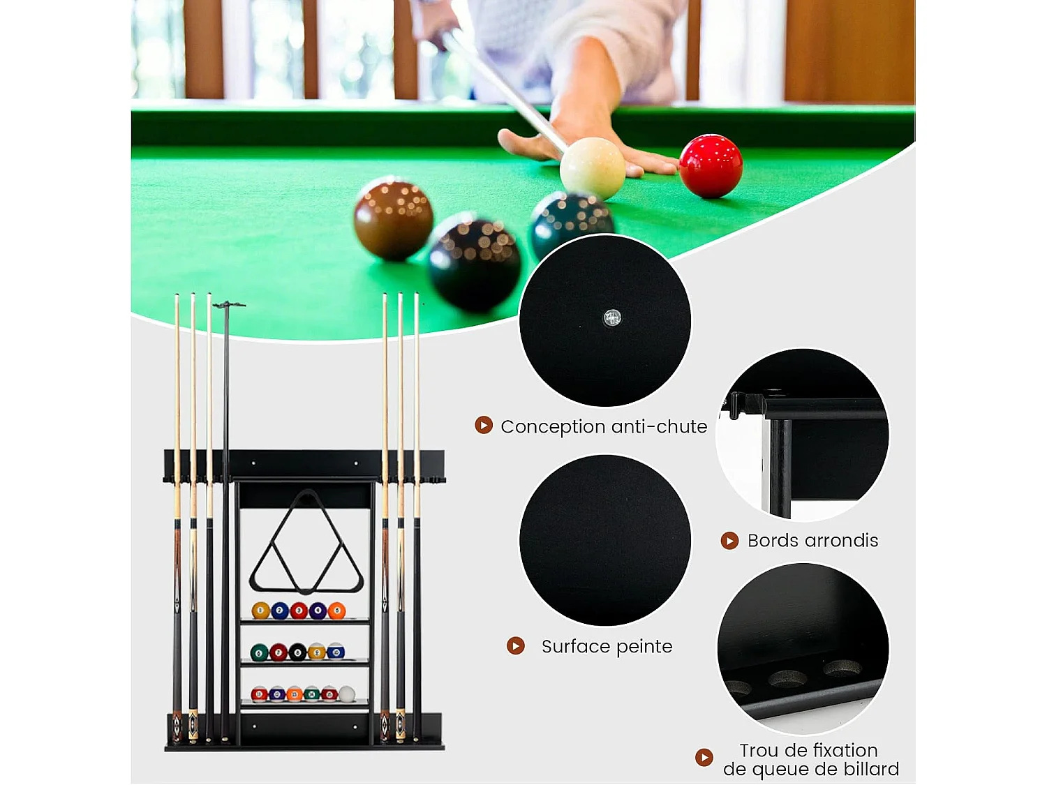 Porte-queues de billard mural, support et rainures à 3 niveaux 15 porte-balles (noir)