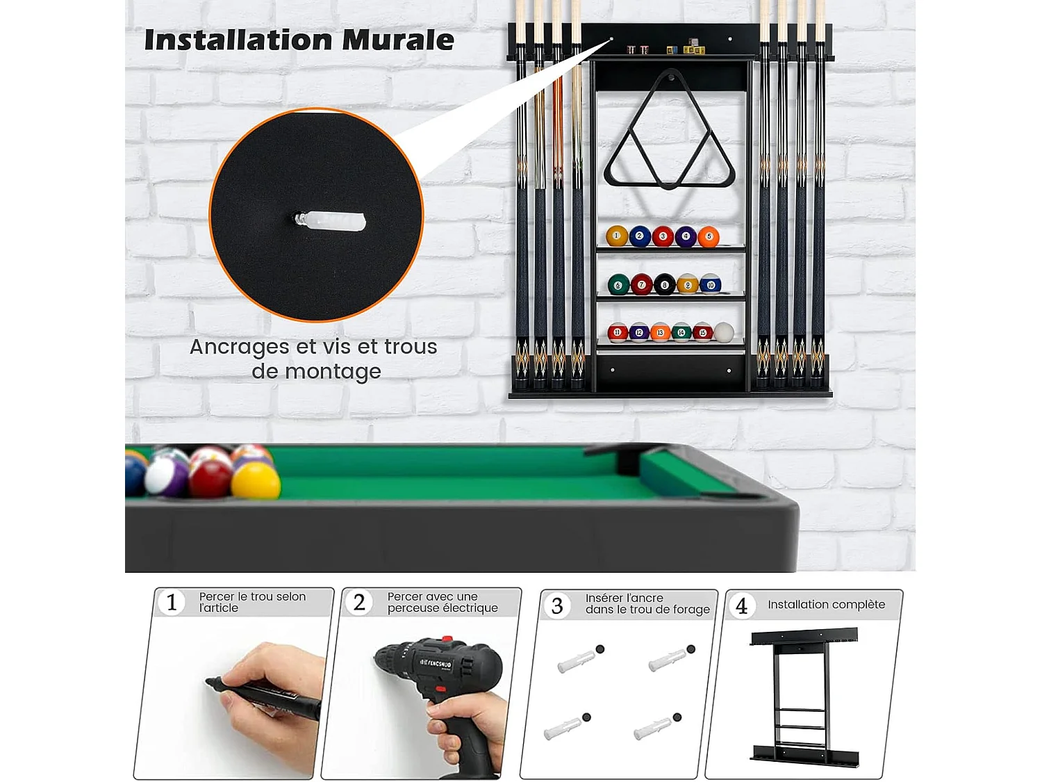 Porte-queues de billard mural, support et rainures à 3 niveaux 15 porte-balles (noir)