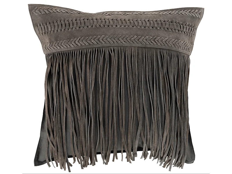 Coussin à Franges en Cuir "India" 45cm Gris