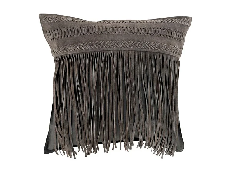 Coussin à Franges en Cuir "India" 45cm Gris