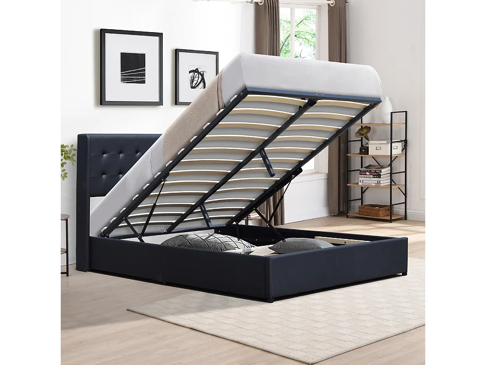 Lit coffre déhoussable noir 140x190 cm avec tête de lit capitonnée - 12 lattes - montage rapide - revêtement PVC simili facile d'entretien