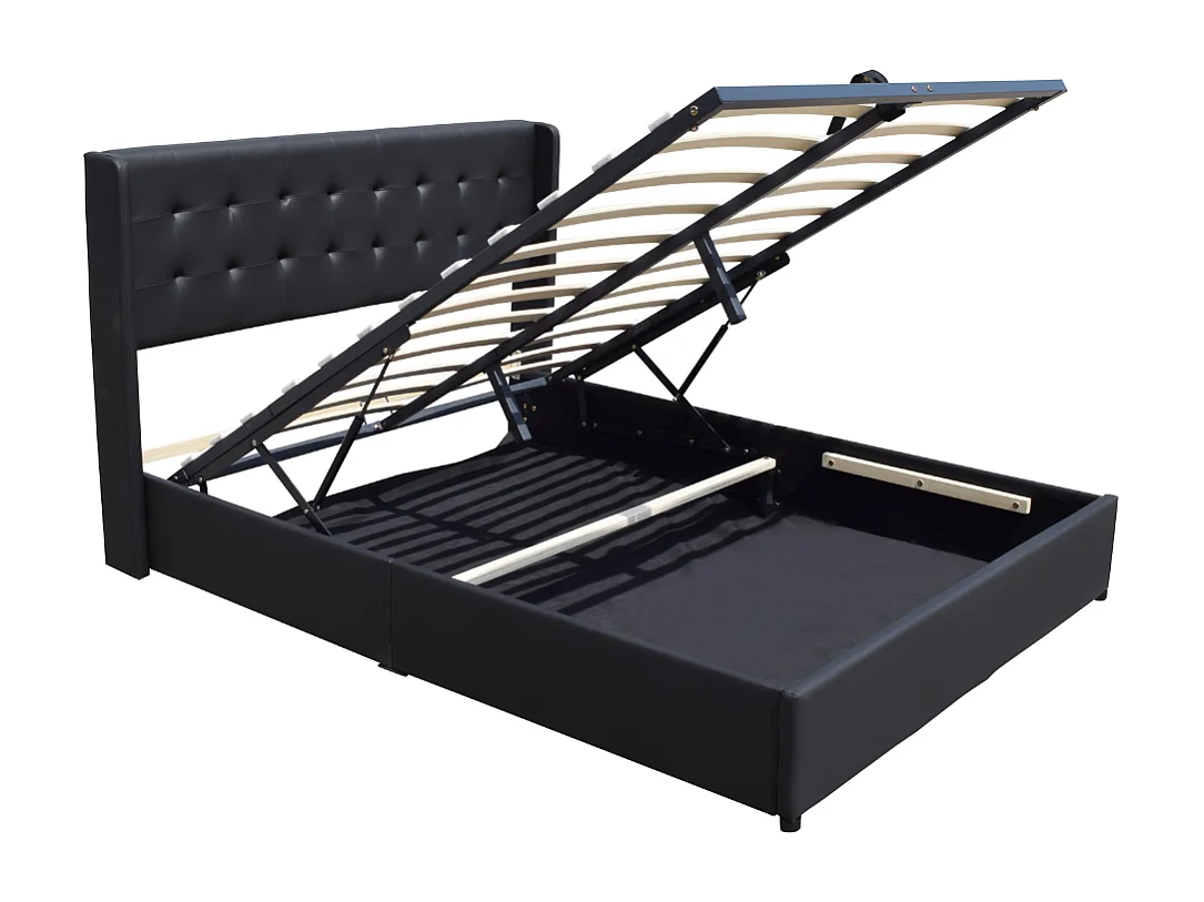 Lit coffre déhoussable noir 140x190 cm avec tête de lit capitonnée - 12 lattes - montage rapide - revêtement PVC simili facile d'entretien