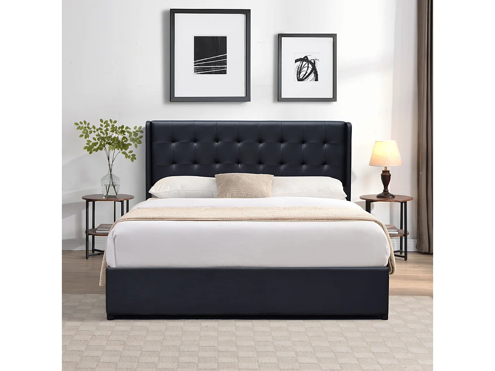 Lit coffre déhoussable noir 140x190 cm avec tête de lit capitonnée - 12 lattes - montage rapide - revêtement PVC simili facile d'entretien