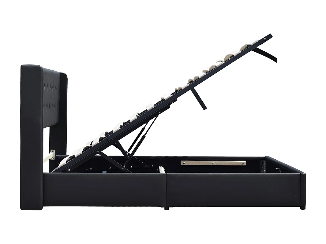 Lit coffre déhoussable noir 120x190cm avec tête de lit capitonnée - 12 lattes - Montage rapide - Revêtement PVC facile d'entretien