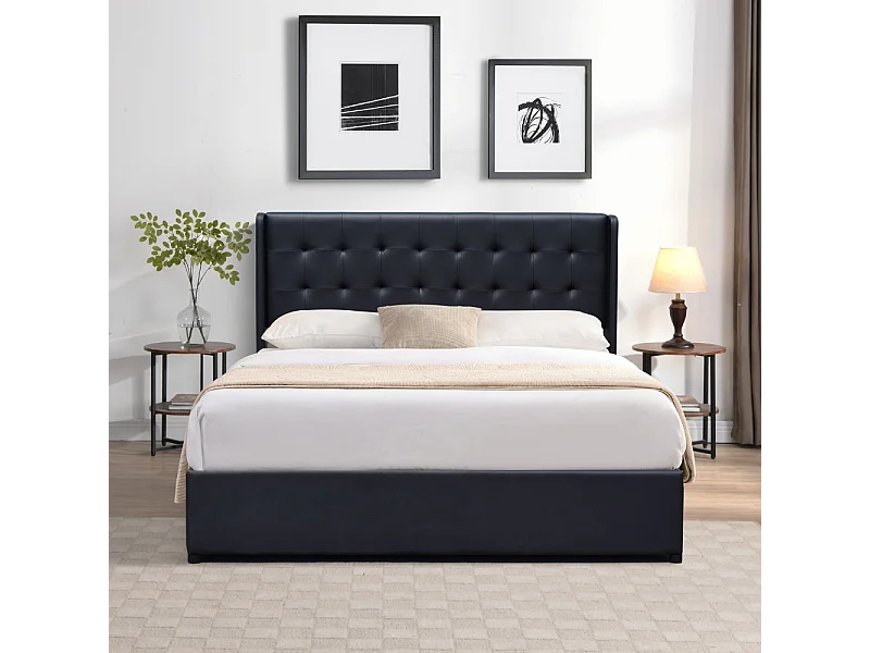 Lit coffre déhoussable noir 120x190cm avec tête de lit capitonnée - 12 lattes - Montage rapide - Revêtement PVC facile d'entretien