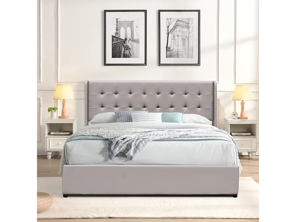 Lit coffre dehoussable 140x200 cm avec tête de lit capitonnée - 14 lattes - Montage rapide - Revêtement PVC facile d'entretien