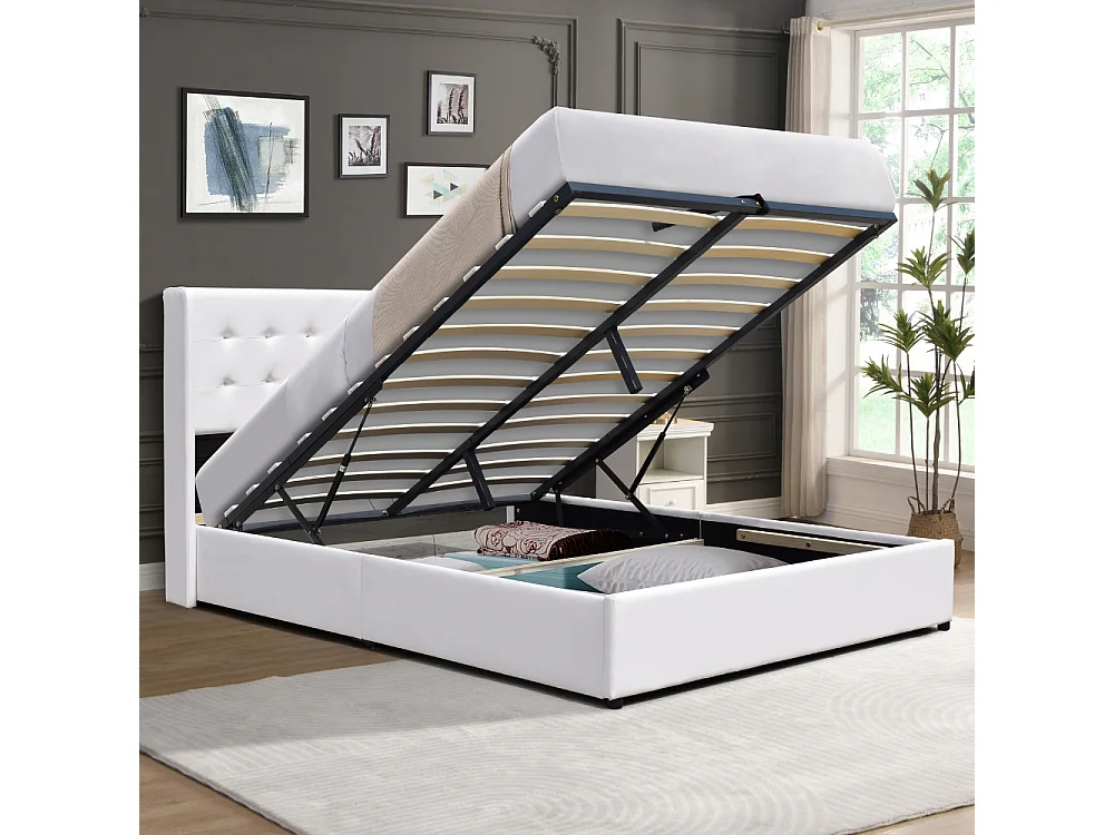 Lit coffre de rangement 140x190 cm avec tête de lit capitonnée et 12 lattes - Montage rapide et entretien facile en simili PVC