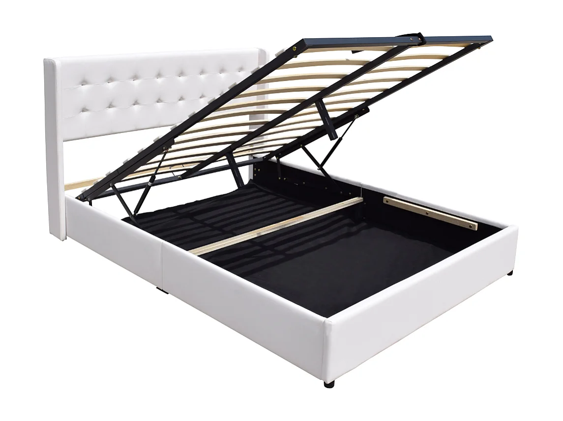 Lit coffre de rangement 140x190 cm avec tête de lit capitonnée et 12 lattes - Montage rapide et entretien facile en simili PVC