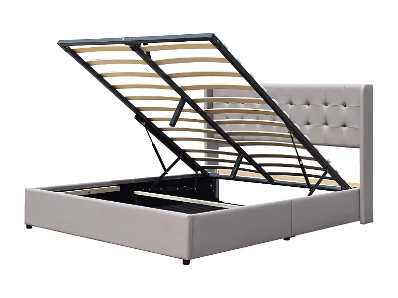 Lit coffre dehoussable 140x190 cm avec tête de lit capitonnée - 12 lattes - Montage rapide - revêtement PVC facile d'entretien