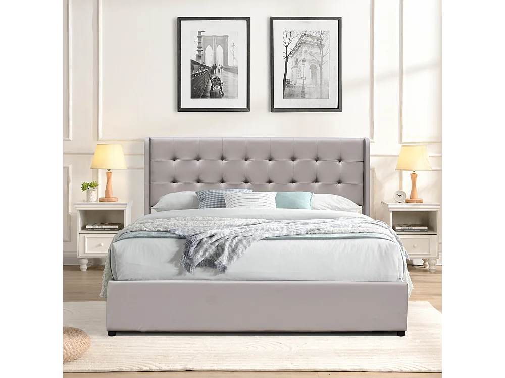 Lit coffre dehoussable 140x190 cm avec tête de lit capitonnée - 12 lattes - Montage rapide - revêtement PVC facile d'entretien