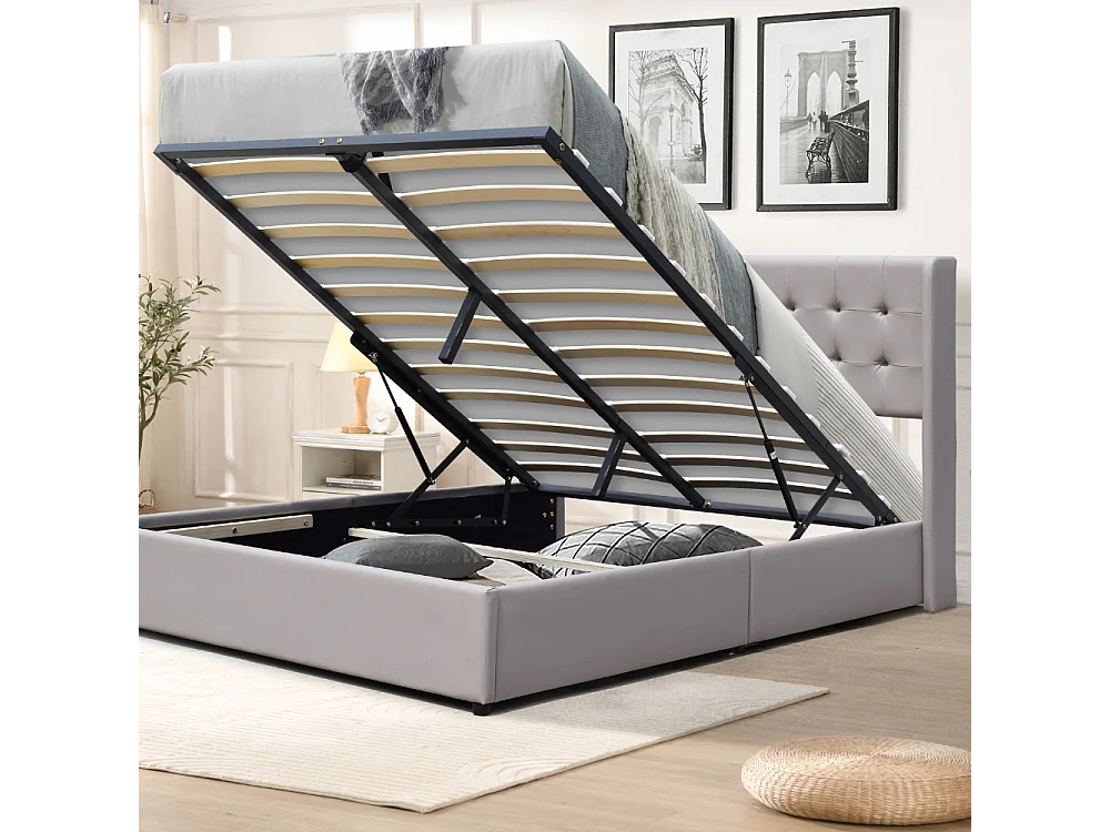 Lit coffre de rangement 120x190 cm avec tête de lit capitonnée et 12 lattes - Montage rapide et facile - Revêtement PVC simili facile d'entretien