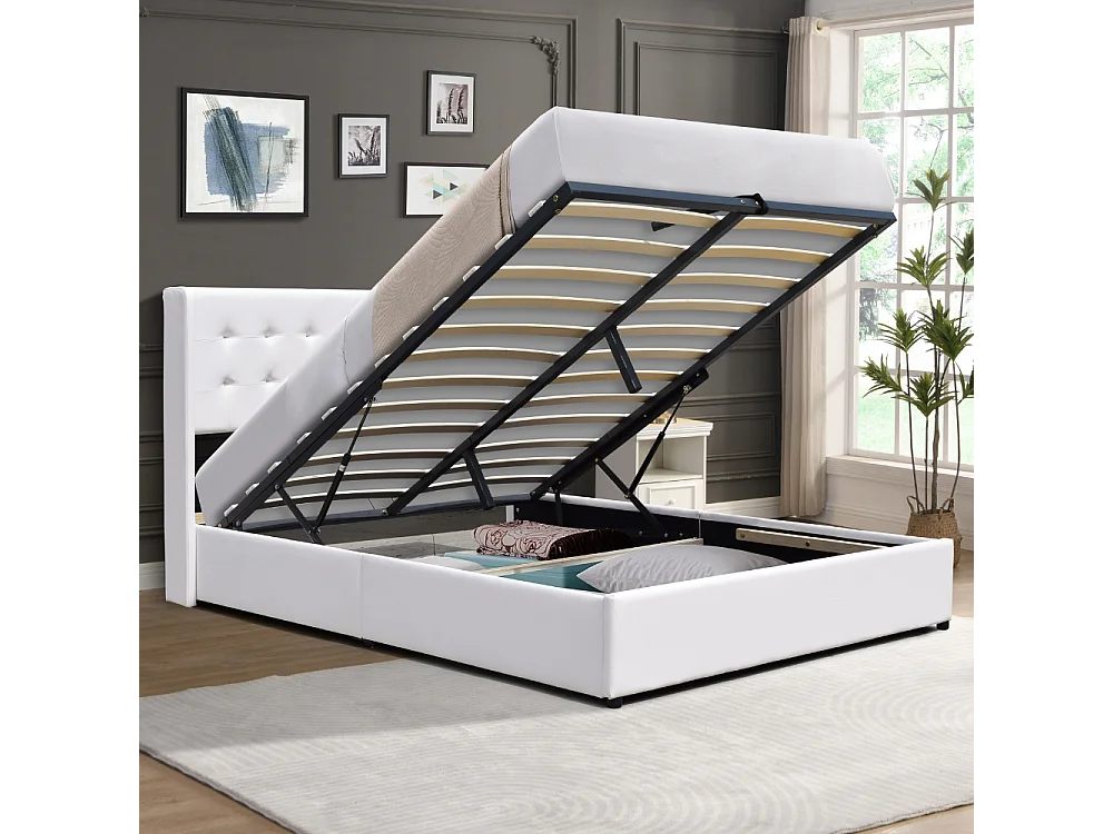 Lit coffre dehoussable blanc 120x190 cm avec tête de lit capitonnée - 12 lattes - montage rapide et facile - revêtement PVC simili facile d'entretien