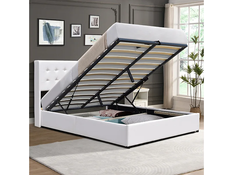 Lit coffre dehoussable blanc 120x190 cm avec tête de lit capitonnée - 12 lattes - montage rapide et facile - revêtement PVC simili facile d'entretien