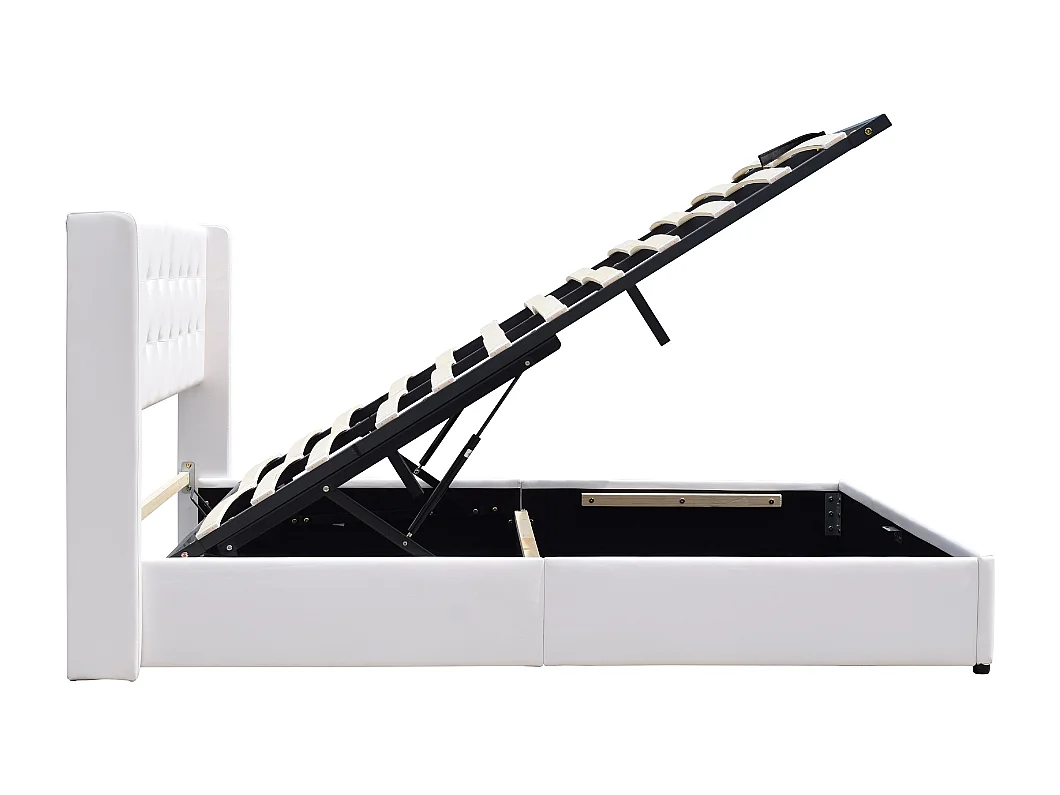 Lit coffre de rangement 140x200 cm avec tête de lit capitonnée - Montage facile - 14 lattes - revêtement PVC facile d'entretien