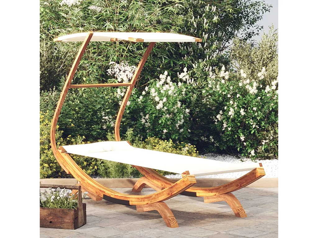 Espreguiçadeira com dossel 100x190x134 cm Madeira maciça curvada Creme