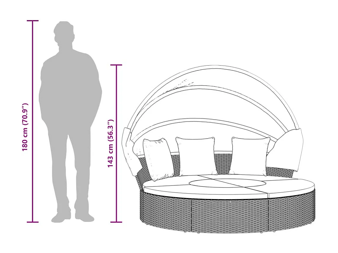 Daybed da esterno con baldacchino e cuscini in resina intrecciata