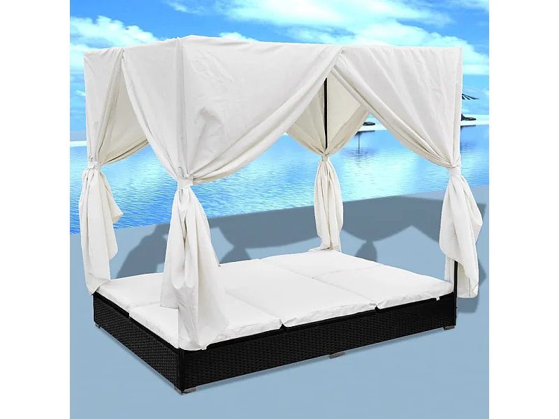 Espreguiçadeira de exterior com cortinas de vime de resina preta