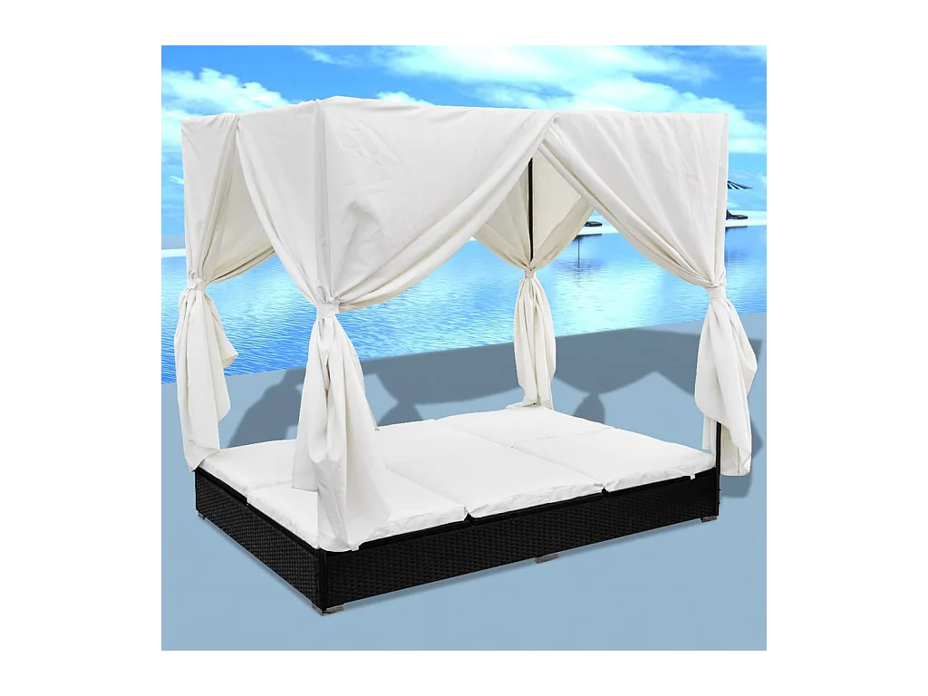 Espreguiçadeira de exterior com cortinas de vime de resina preta
