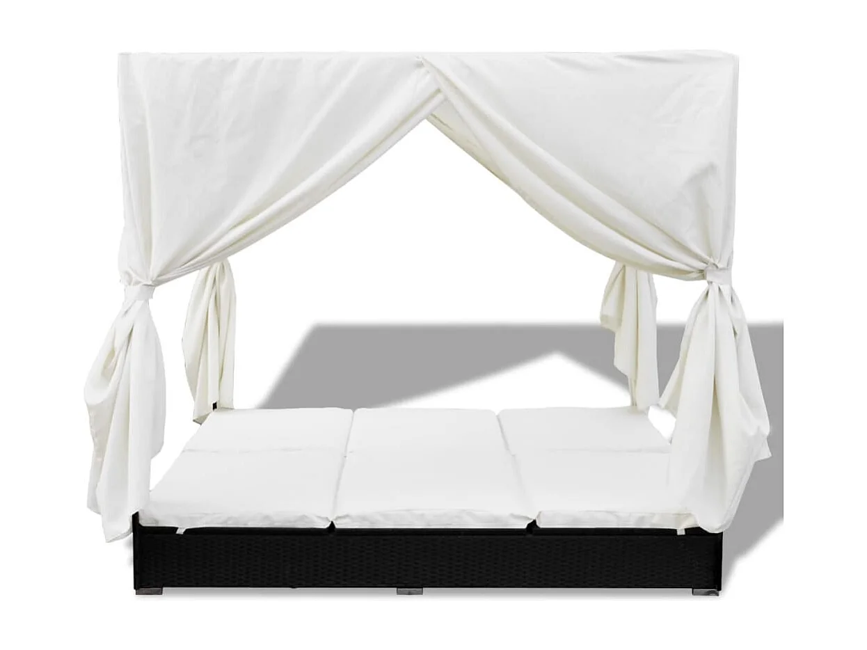 Chaise longue d'extérieur avec rideaux Résine tressée Noir