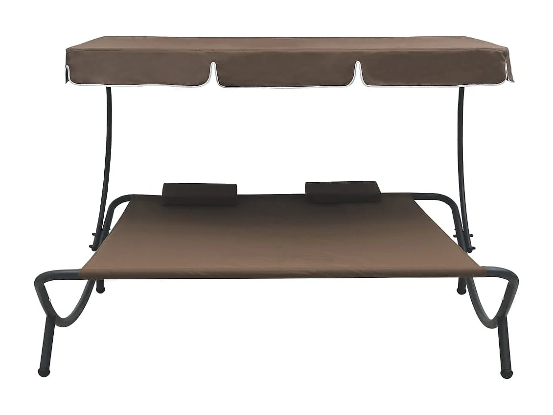 Sofá cama de exterior con dosel y almohadas marrón