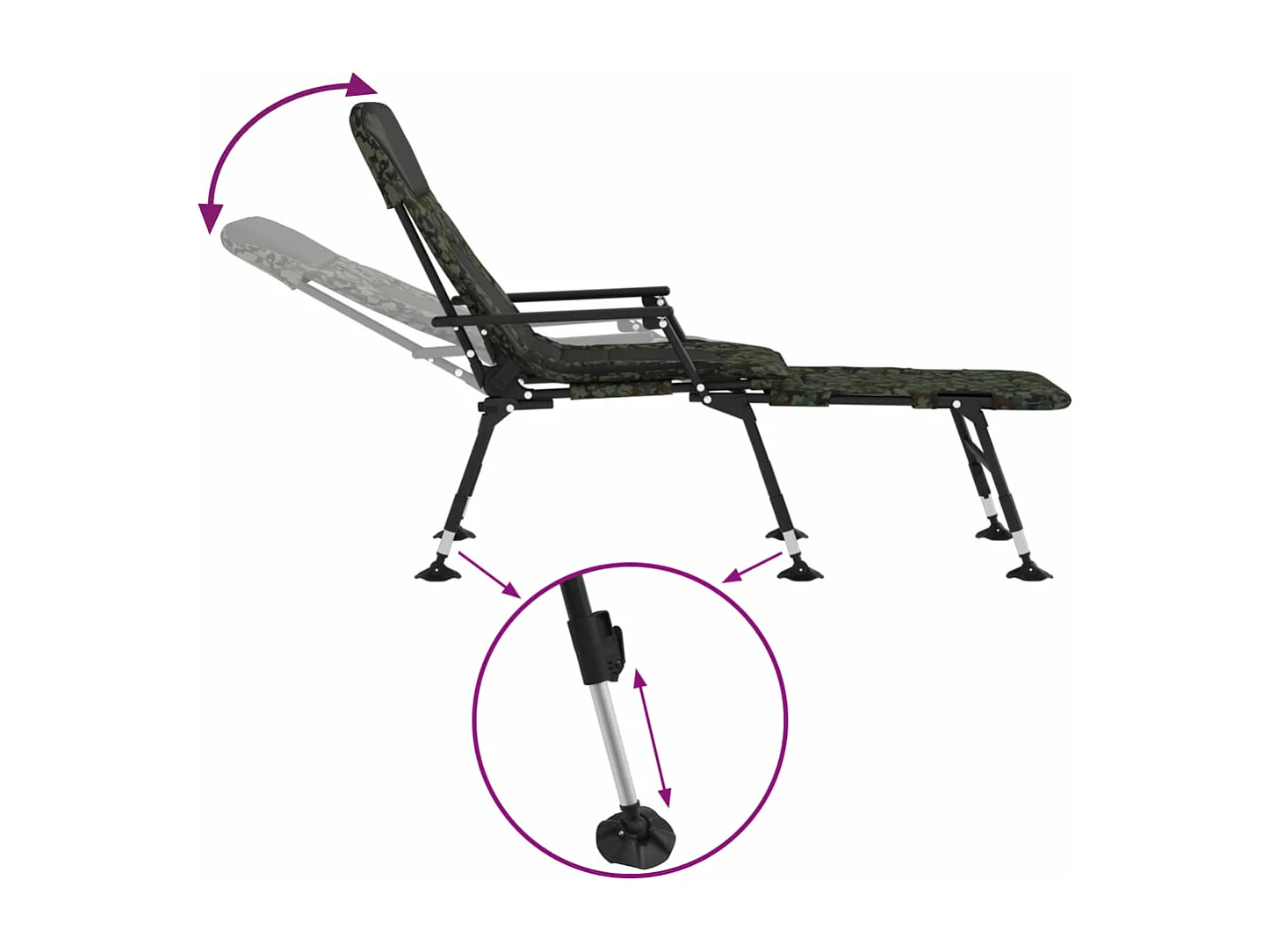 Faltbare Angelliege in Tarnfarben mit verstellbaren Schlammbeinen